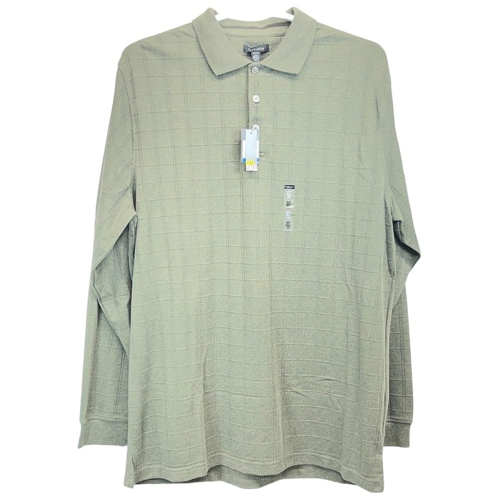 NWT Van Heusen Men's Olive Green Cotton Blend Grid Pattern L/S Polo‎ XLT/TGL